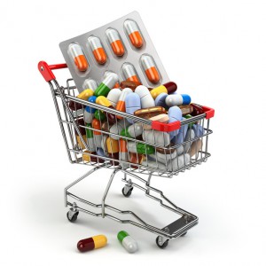 Pharmacy medicine concept. Shopping cart with pills and capsules. 3d
